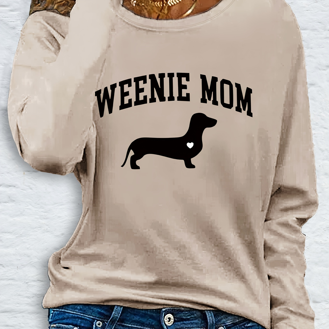 

1pc Women's Casual Long Sleeve T-shirt With "weenie Mom" Dachshund Print, Polyester Crew Neck Top For Spring & Fall, Regular Fit Letter Print Tee