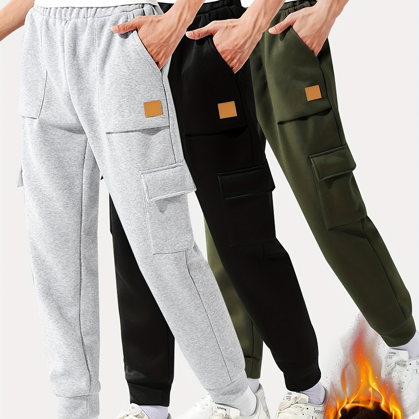 

3pcs Casual Boy's Solid Color Label Patched Cargo Jogger Pants, Fleecing Lining Warm Autumn And Winter Outdoor Stylish Gift