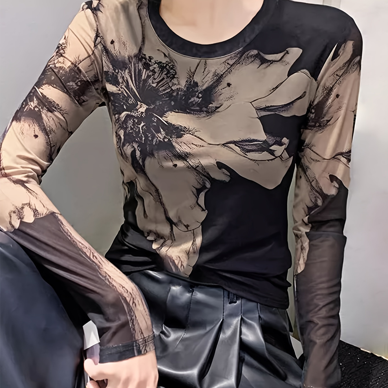 

T-shirt à manches longues en mesh à imprimé floral, haut décontracté à col rond pour le printemps et l'automne, vêtements pour femmes