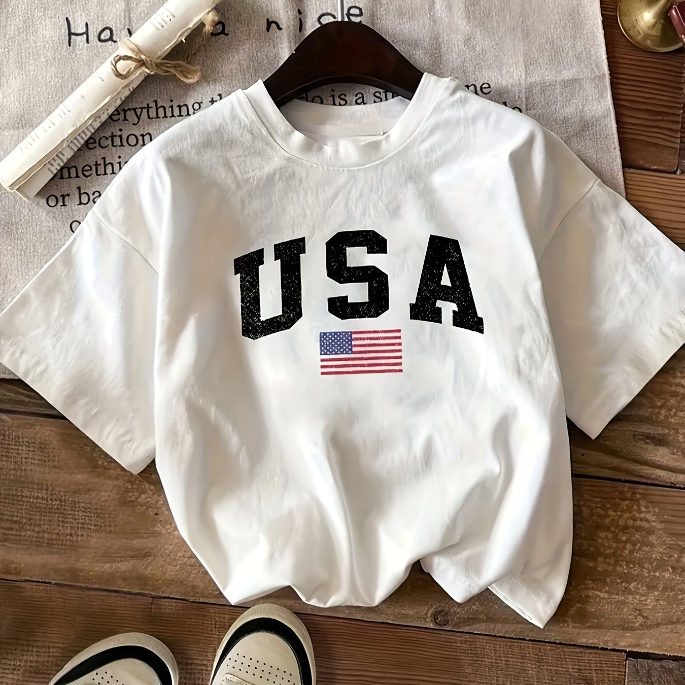 

Usa Print Crew Neck T-shirt, Casual Short Sleeve Top For Spring & Summer, Women's Clothing