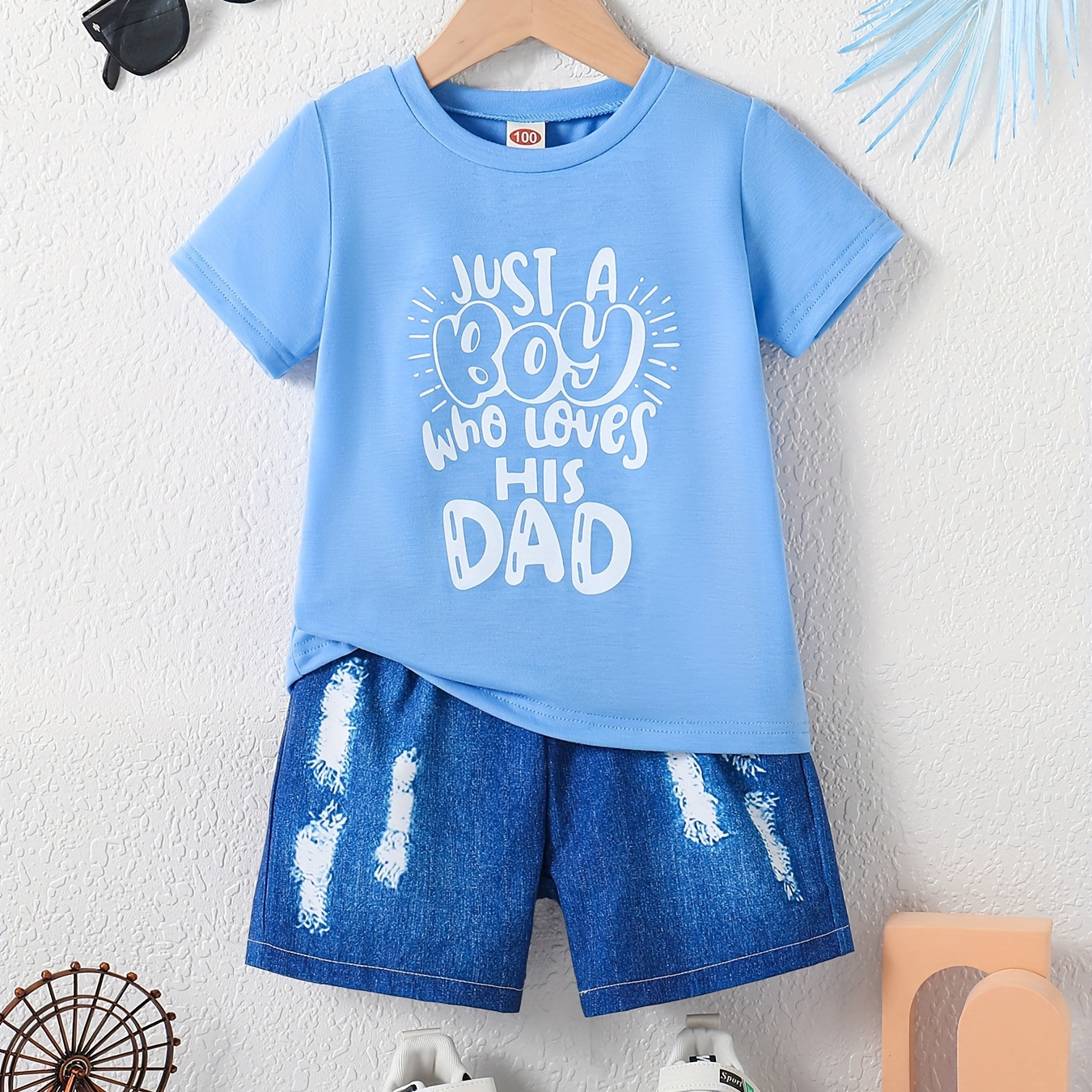 

2pcs Boys Casual Just A Boy Who Loves His Dad Letter Graphic Print Short Sleeve T-shirt & Faux Denim Shorts Set, Comfy Summer Boys Clothes