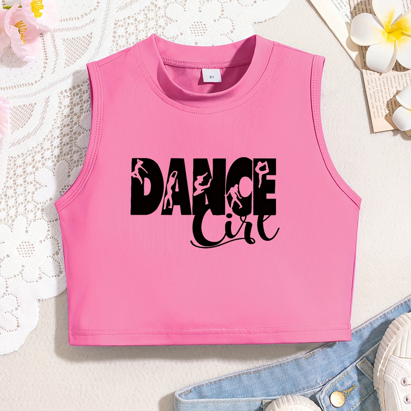 

Girls' Sleeveless Tank Top With "dance Girl" Print, Soft Stretchy Comfortable Crew Neck, Summer Vest