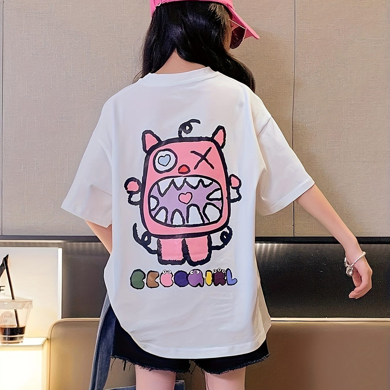 

100% Cotton Cartoon Animal Graphic Half Sleeve Crew Neck T-shirt, Loose Fit Casual Trendy Versatile Tee Comfy Summer Top, Girls' Clothing