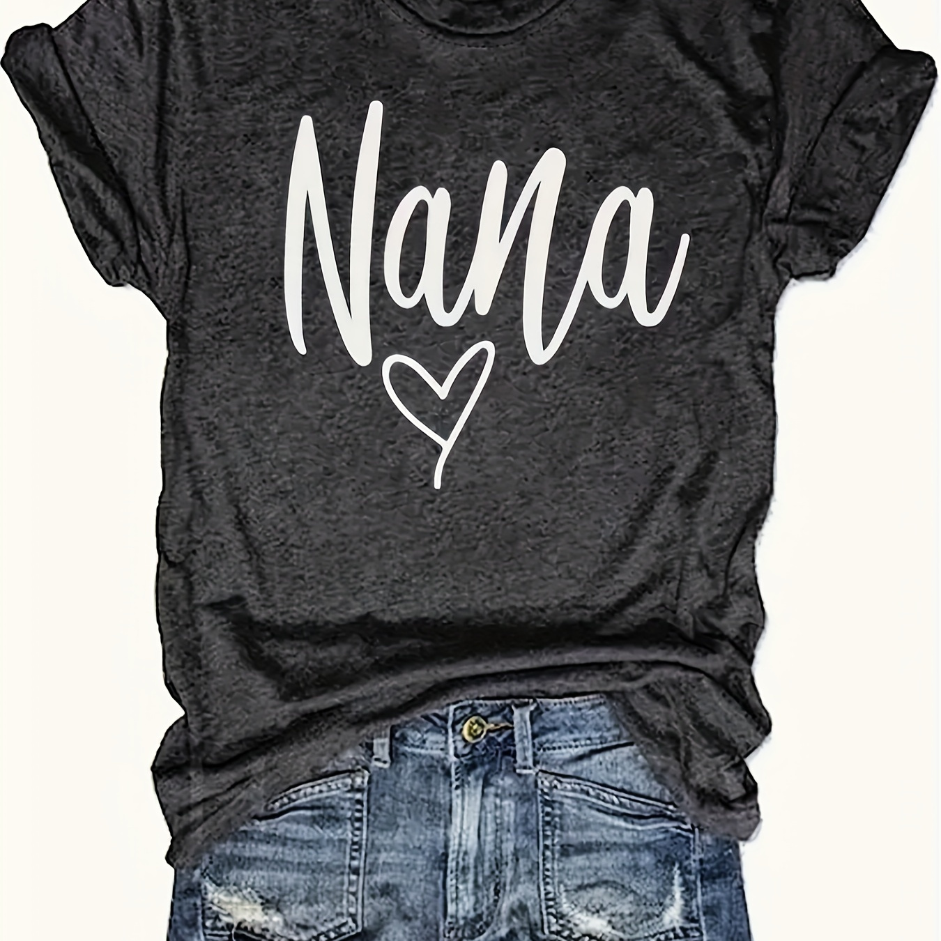 

Plus Size Nana & Letter Print T-shirt, Casual Crew Neck Short Sleeve T-shirt For Spring & Summer, Women's Plus Size Clothing