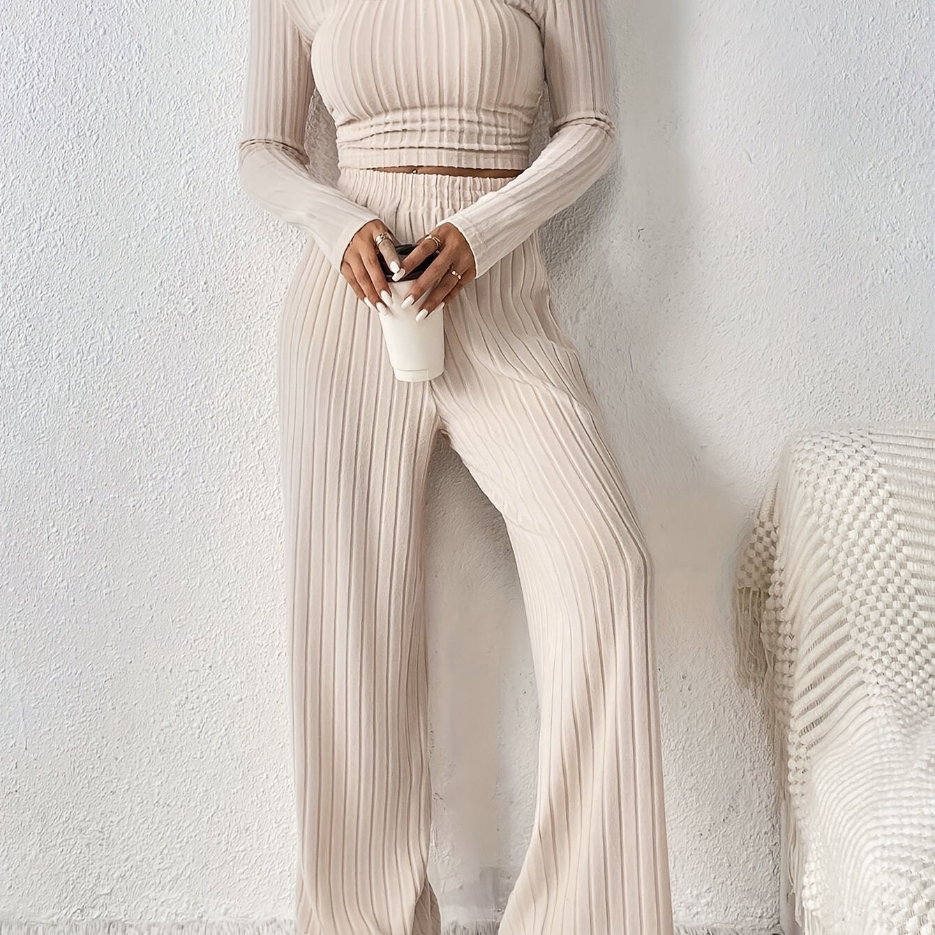 

Women' Set, Long Sleeve Round Neck Top With Wide Leg Pants, Solid Color, Polyester Knit, Autumn/