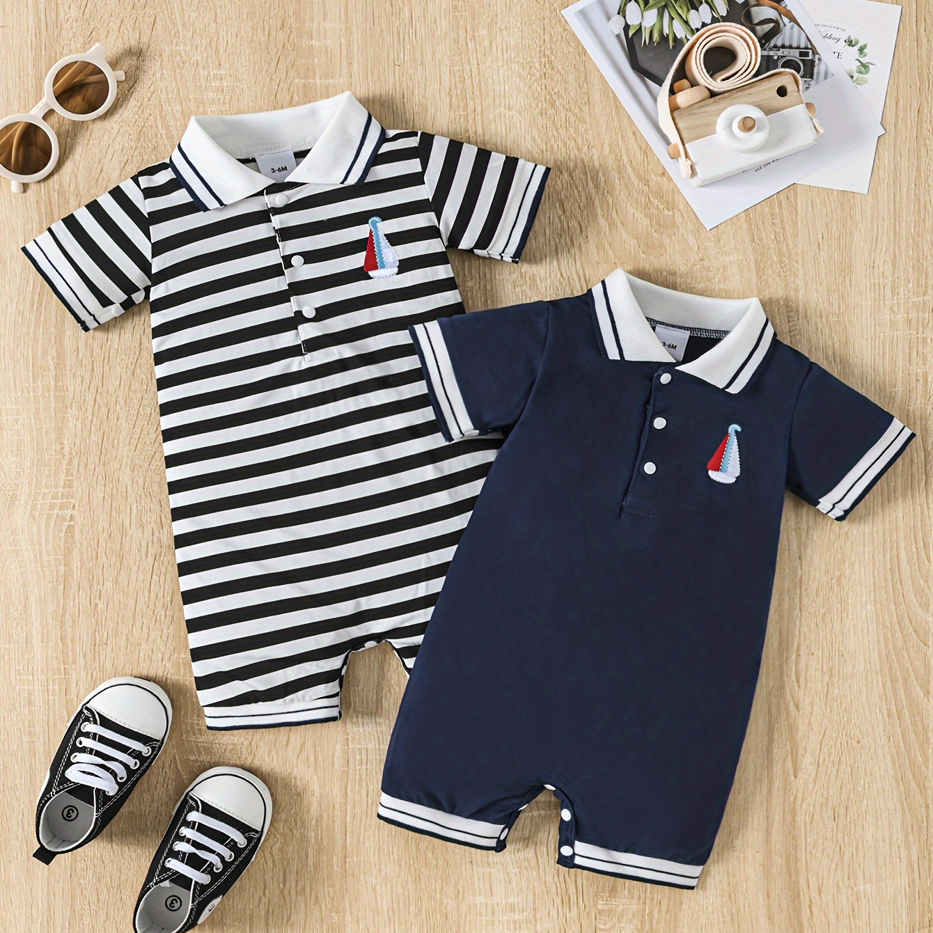 

2pcs Infant's Sailor Themed Casual Bodysuit, Comfy Short Sleeve Onesie, Baby Boy's Clothing, As Gift