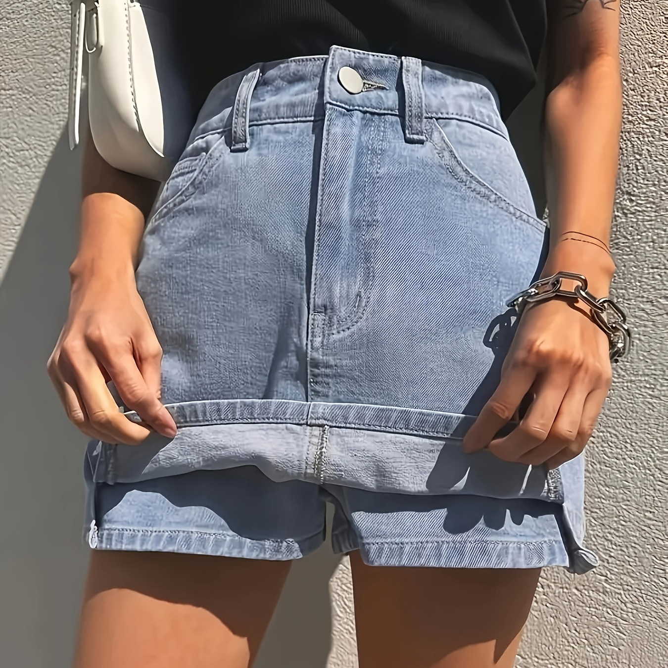 

Women's French Style Plain Light Blue Denim Skort, Chic Preppy Mini Skirt Shorts With Side Slit, Casual Summer Fashion, Multiple Sizes
