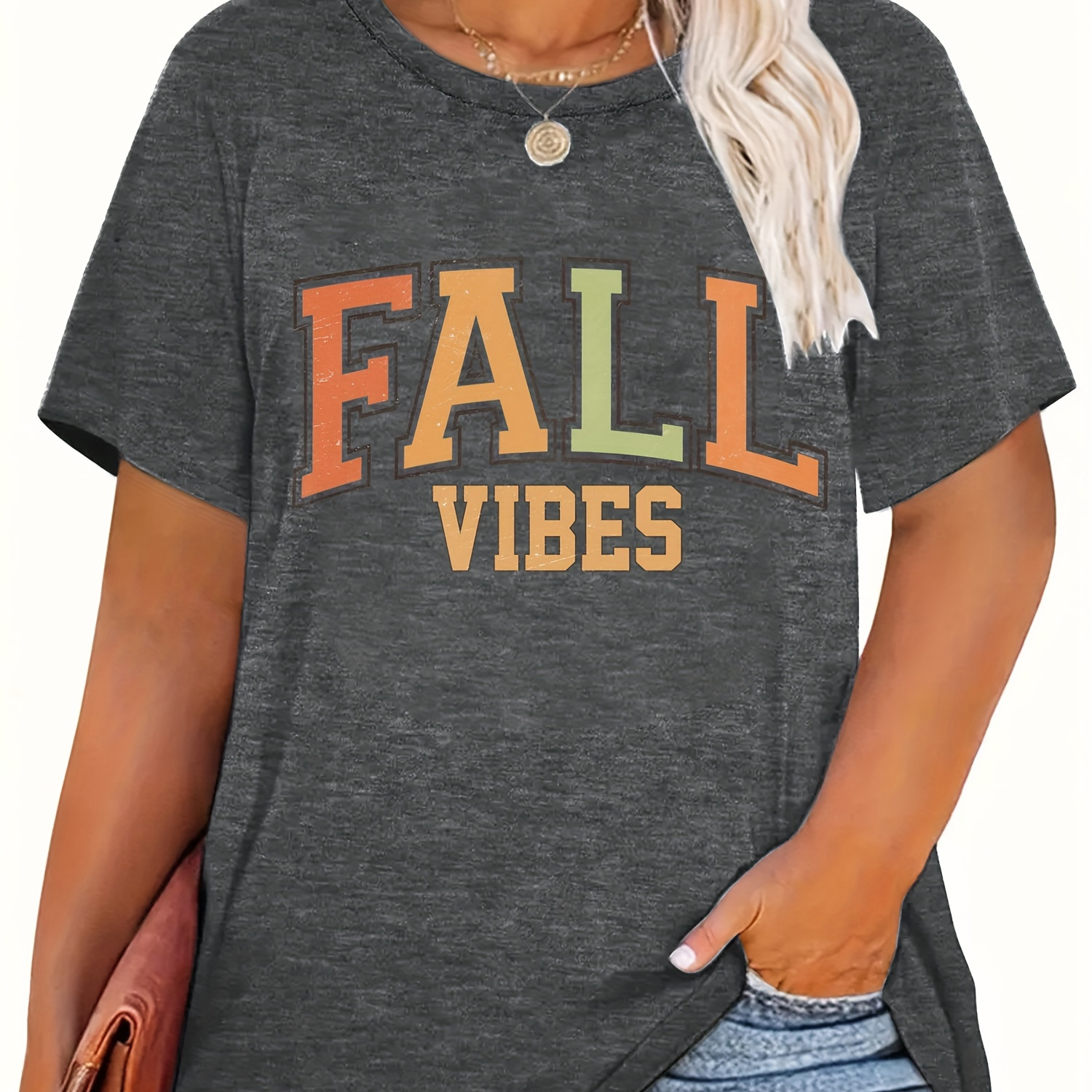 

Plus Size Fall Vibes Print T-shirt, Casual Short Sleeve Crew Neck Top For Spring & Summer, Women's Plus Size Clothing
