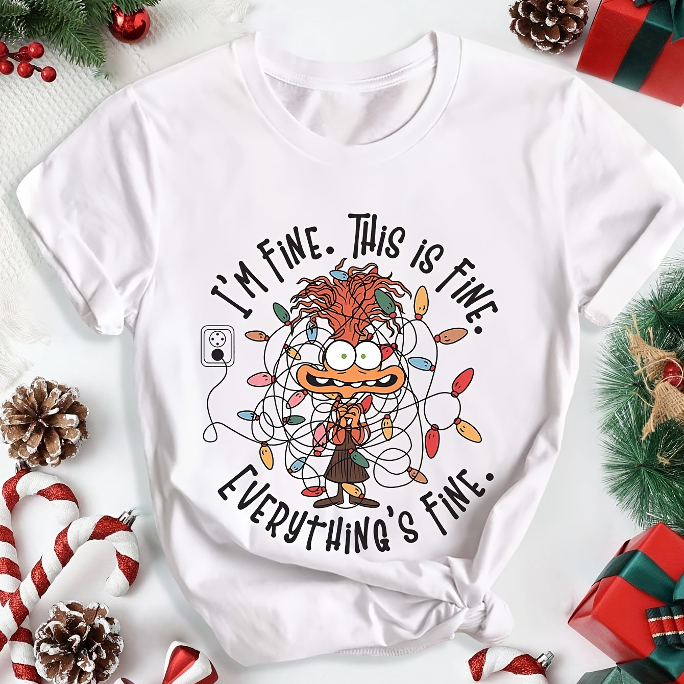 

Women's Anxiety Christmas Graphic T-shirt - "this Fine, " Funny Holiday Design With , Short Sleeve Crew Neck Casual Top For Summer And Spring, White Polyester , Funny Christmas Shirts