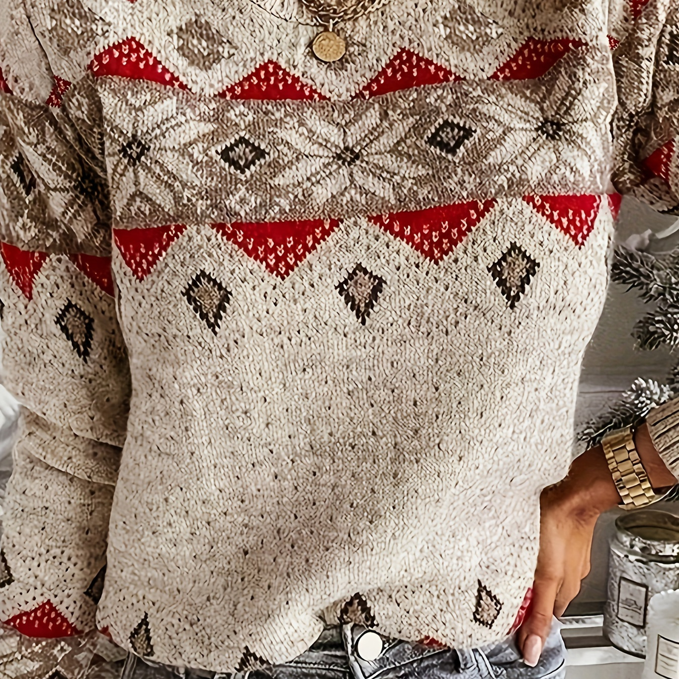 

Pull en tricot à col rond à motif géométrique, pull décontracté à manches longues, vêtements pour femmes