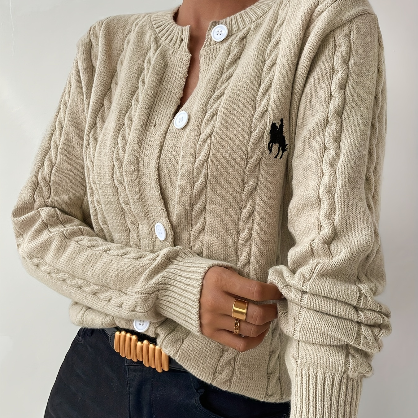 

Cable Knit Ribbed Cardigan, Casual Button Front Crew Neck Long Sleeve Cardigan, Women's Clothing