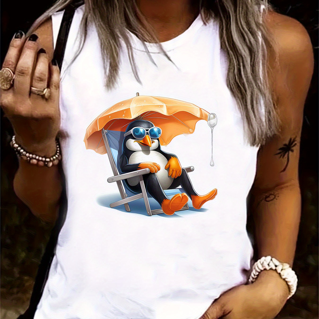 

Penguin Print Crew Neck Tank Top, Versatile Sleeveless Tank Top For Summer, Women's Clothing