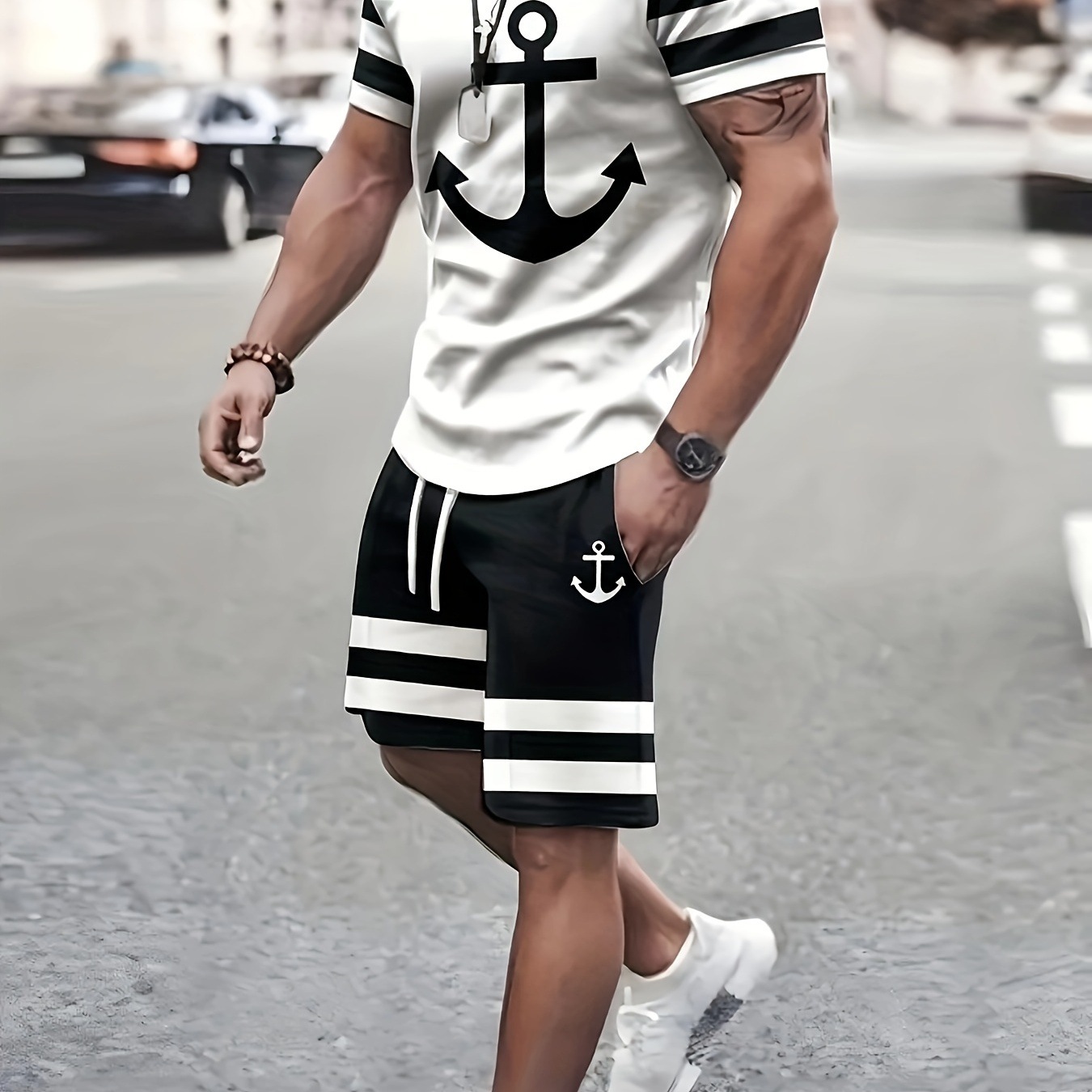 

A Two-piece Men's Striped Outfit, Featuring - Short-sleeve Round-neck T-shirt And Shorts, Summer .