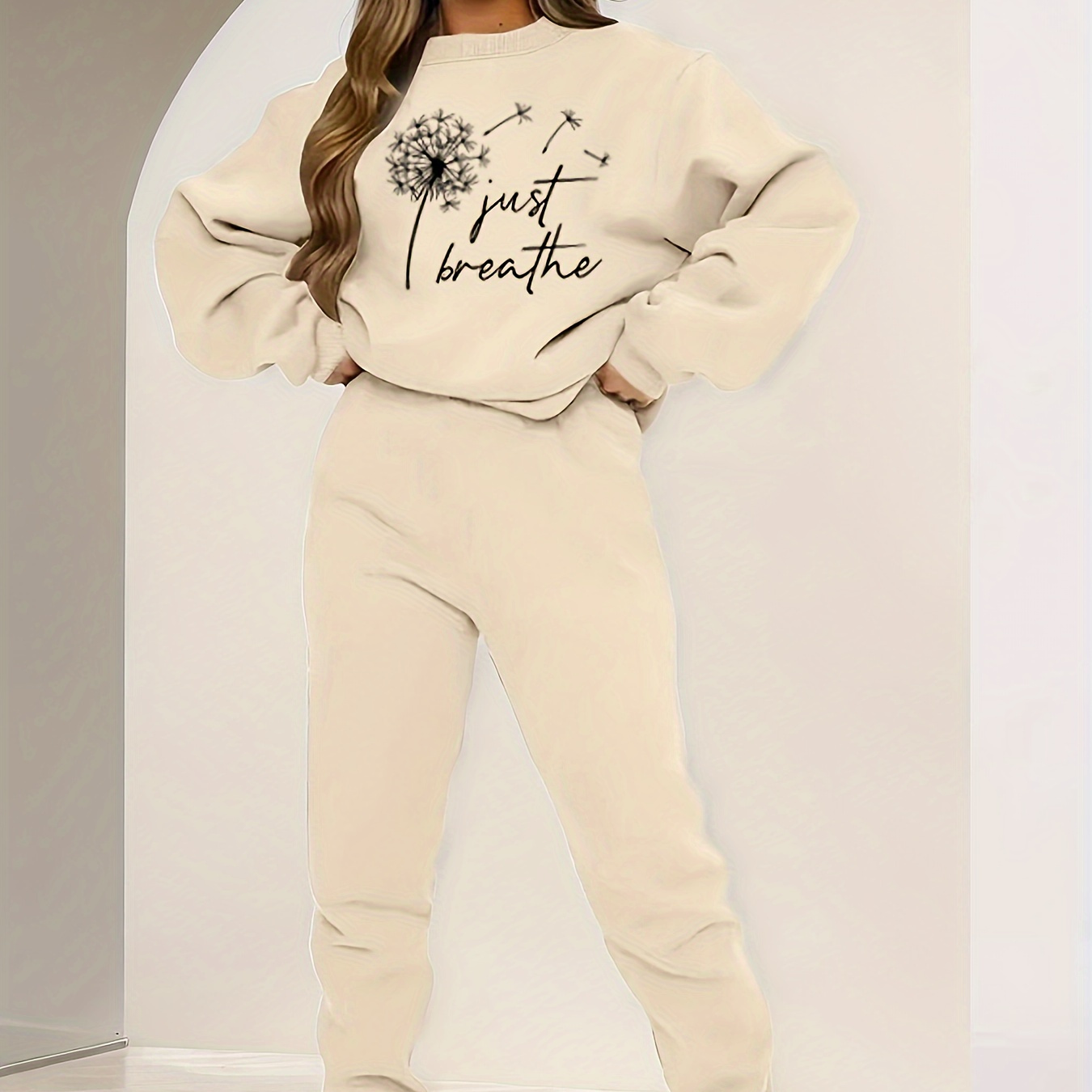 

Just Breathe Print Fleece Two-piece Set, Casual Long Sleeve Sweatshirt & Jogger Sweatpants Outfits, Women's Clothing