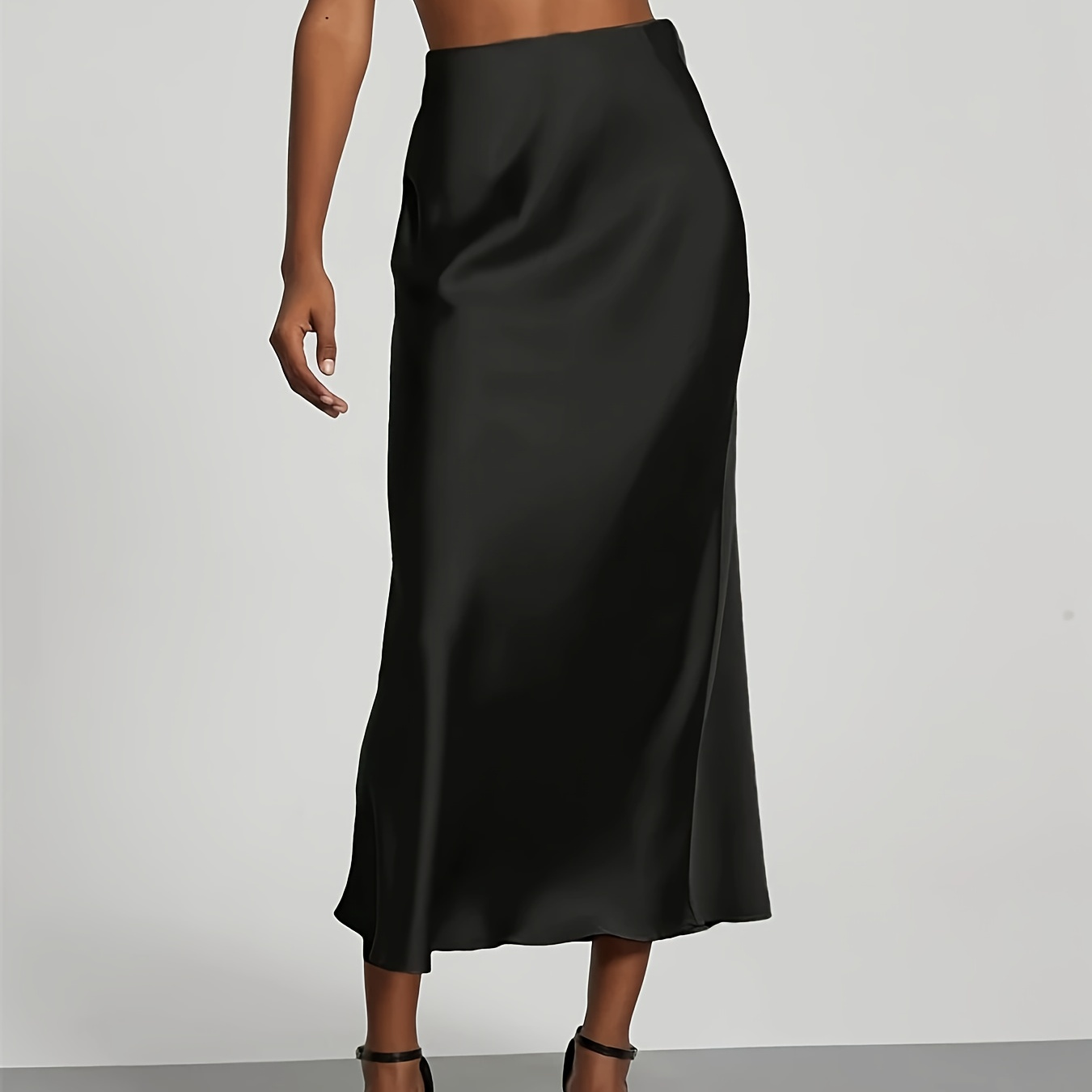 

Women's High-waist Satin Midi Skirt - Elegant Solid Black, Flared Design, Dates & Work, Polyester Skirt, Office Wear Skirt | Flared Skirt Style | Quality Construction