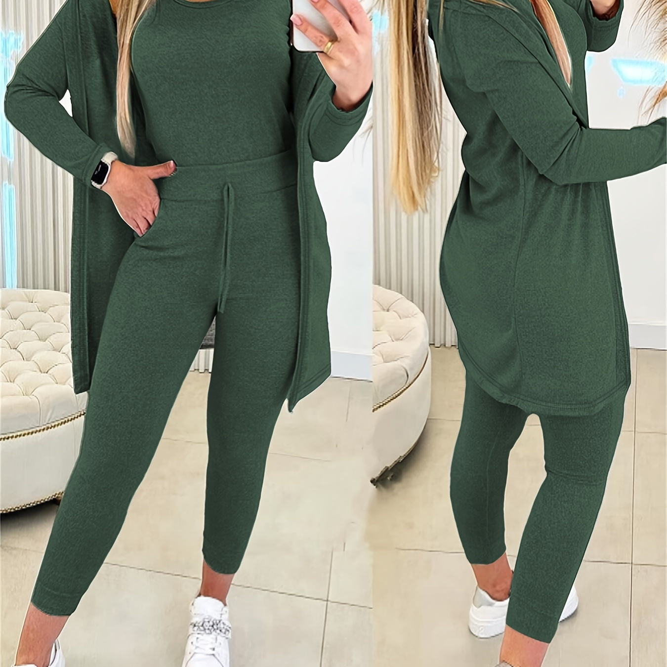 

3 Piece Lounge Set Crewneck Sleeveless Tank Top Long Sleeve Open Front Coat Pants Sweatsuit