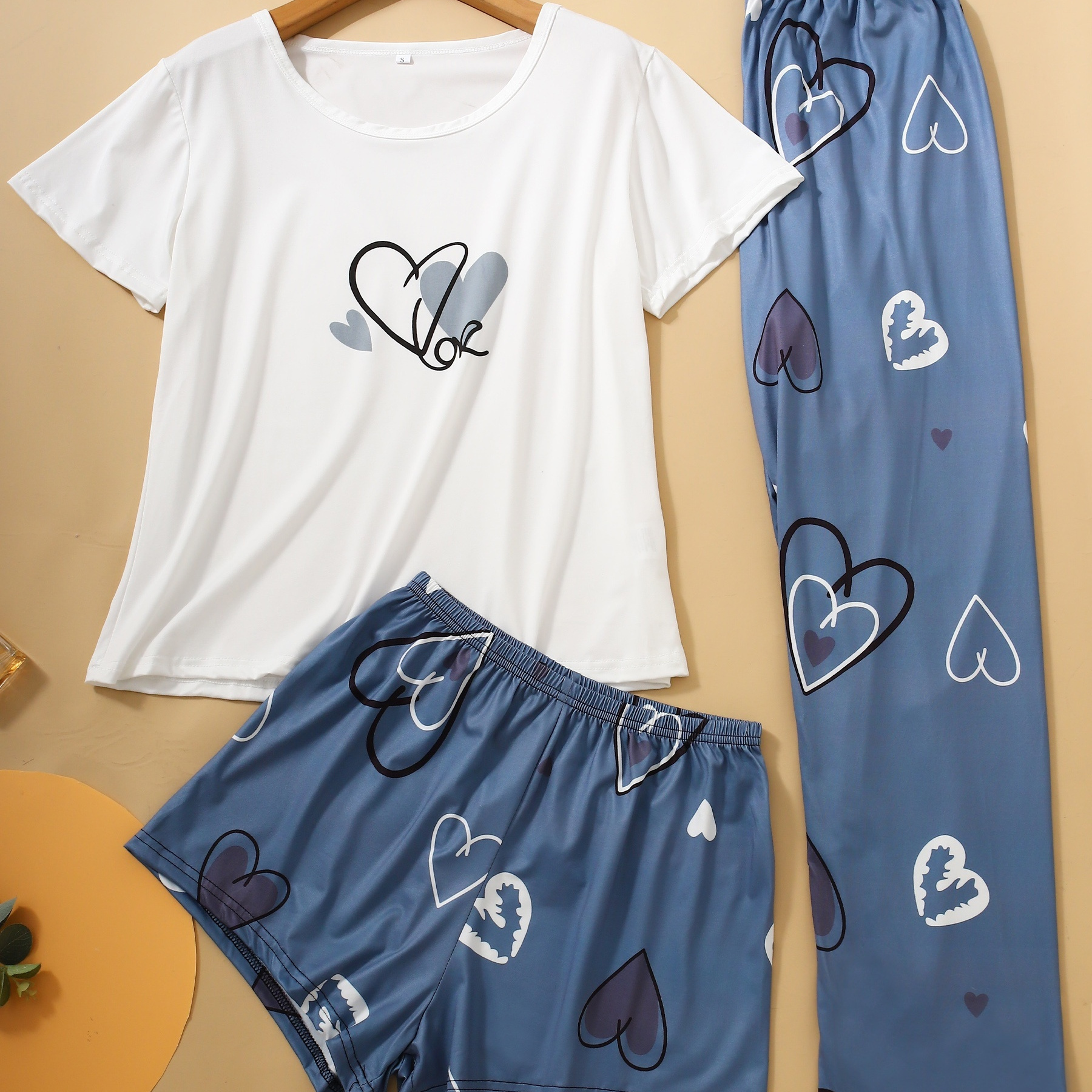 

[popular ] Women's 3pcs Heart Print Pajama Set - Soft Polyester & Elastane , Short Sleeve Crew Neck Top With Round Neck T-shirt & Waistband Shorts And Pants, Machine Washable Sleepwear & Loungewear