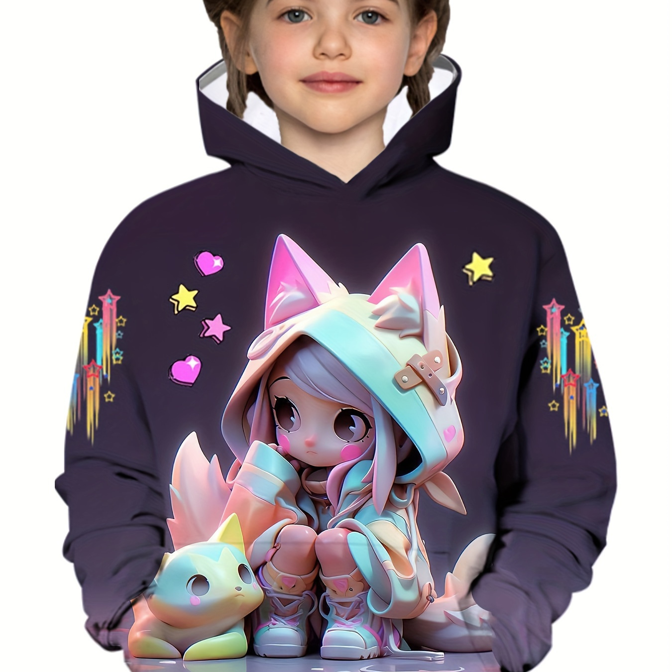 

Girls Trendy & Casual Cartoon Girl & Cats Graphic Print Long Sleeve Hoodie For Fall & Winter