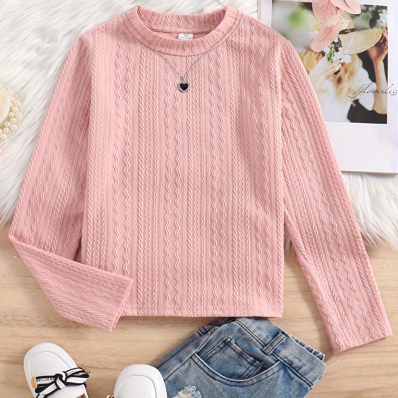 Comfy Tops Elegant Girls' Solid Knit Crew Neck Long Sleeve T-shirt For Spring / Fall, Gift, Everyday