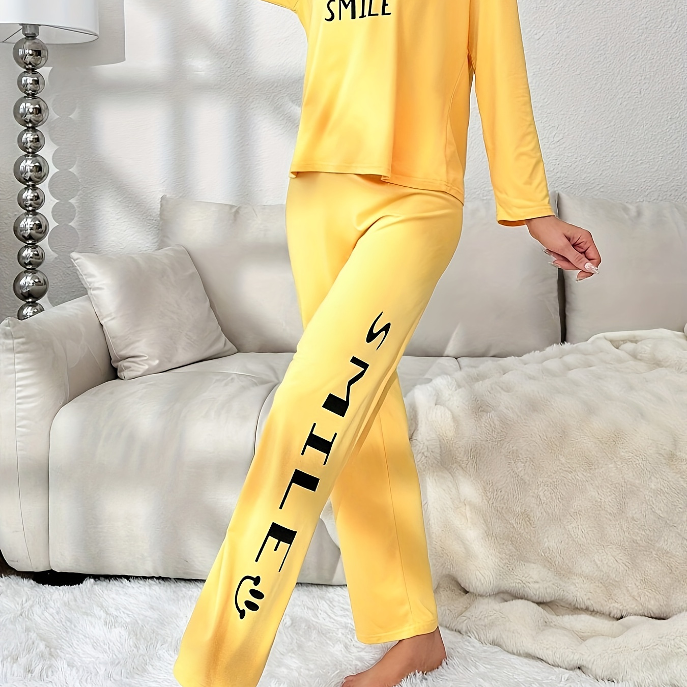

Women's Smiling Face & Letter Print Casual Pajama Set, Long Sleeve Round Neck Top & Pants, Comfortable Relaxed Fit For Fall