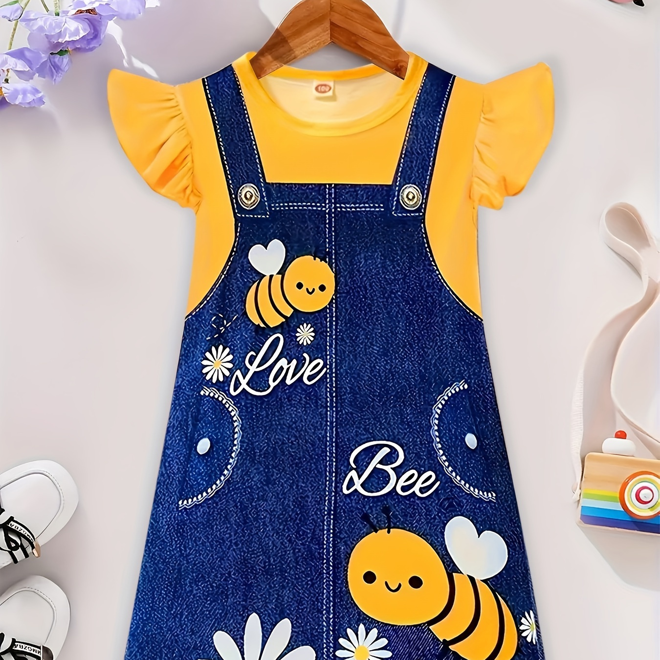 

Sweet Ruffle Sleeve Bee Graphic Straight Dress For Girls, Spring & Summer Party Sweet Casual Dresses, Gift