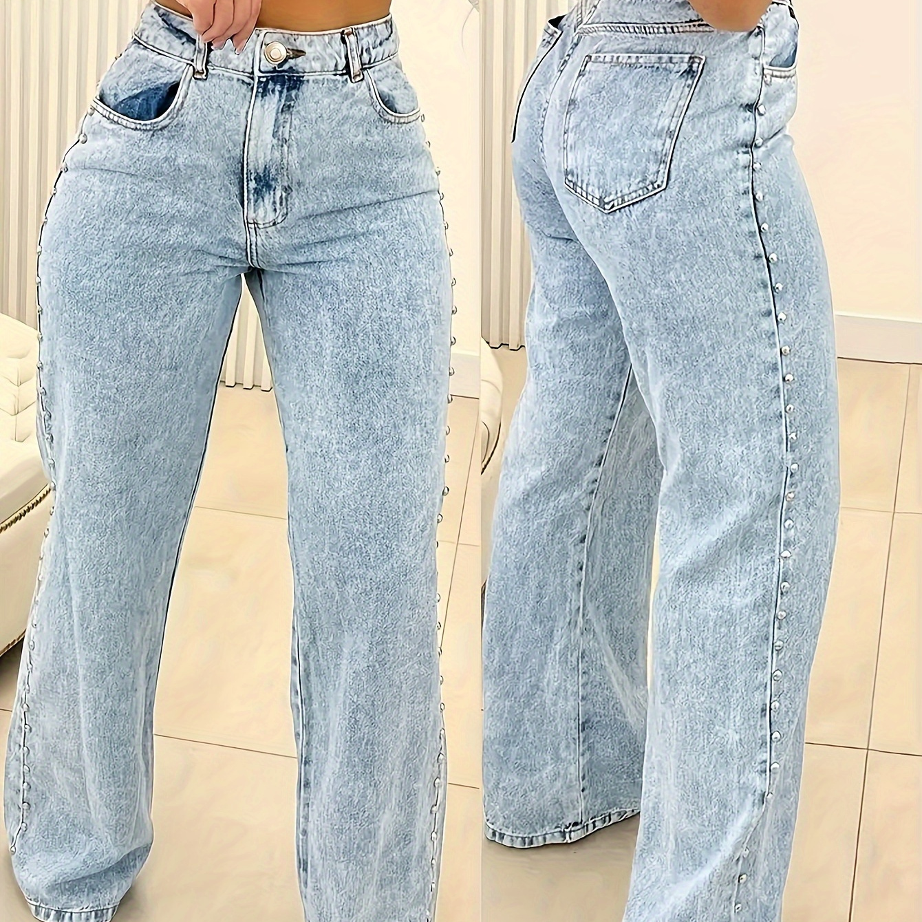 

Plain Washed Loose Fit Jeans, Slash Pocket High Rise Casual Denim Pants, Women's Denim Jeans & Clothing