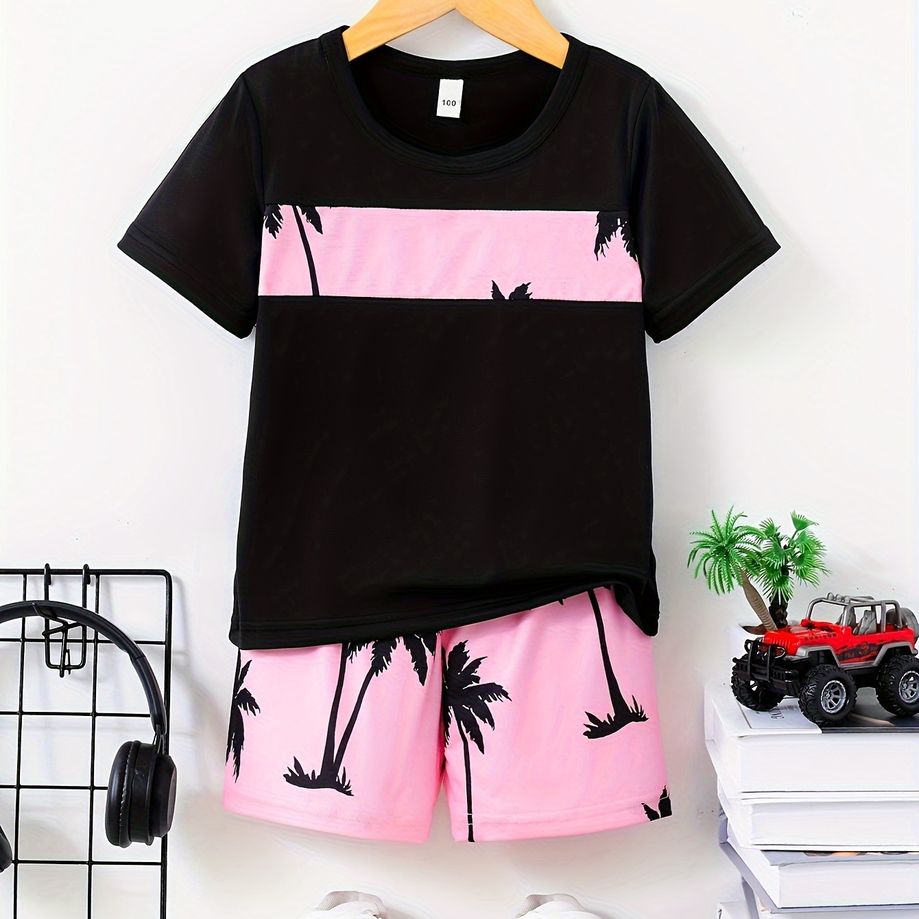 

2pcs Boys Casual Coconut Tree Graphic Print Short Sleeve T-shirt & Shorts Set, Comfy Summer Boys Clothes