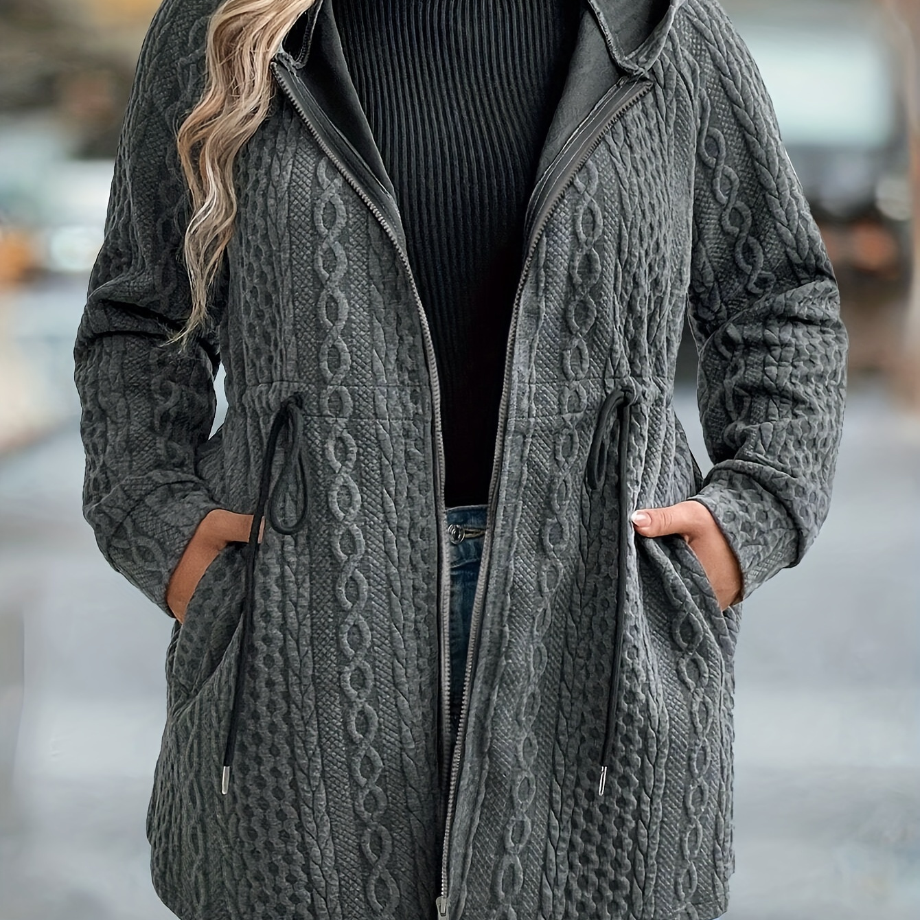 

Plus Size Casual Knit Parka Coat With Hood, Polyester & Spandex , Long Sleeve, Solid Color, Stretch, With Drawstring For Fall/winter