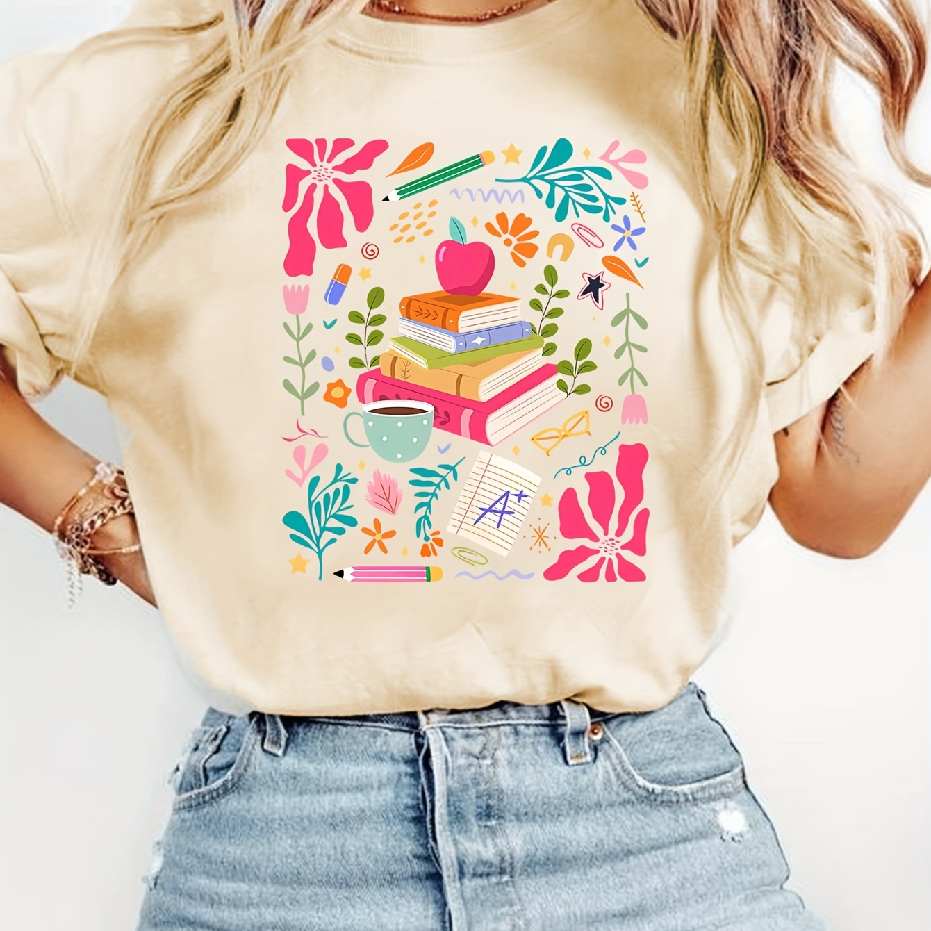 

Bohemian Floral Teacher Print T-shirt For Women - Comfort Casual Short Sleeve Crew Neck Tee, Stretch Polyester Blend, Machine Washable, Knit Fabric - Educator Theme Graphic Top For Spring & Summer