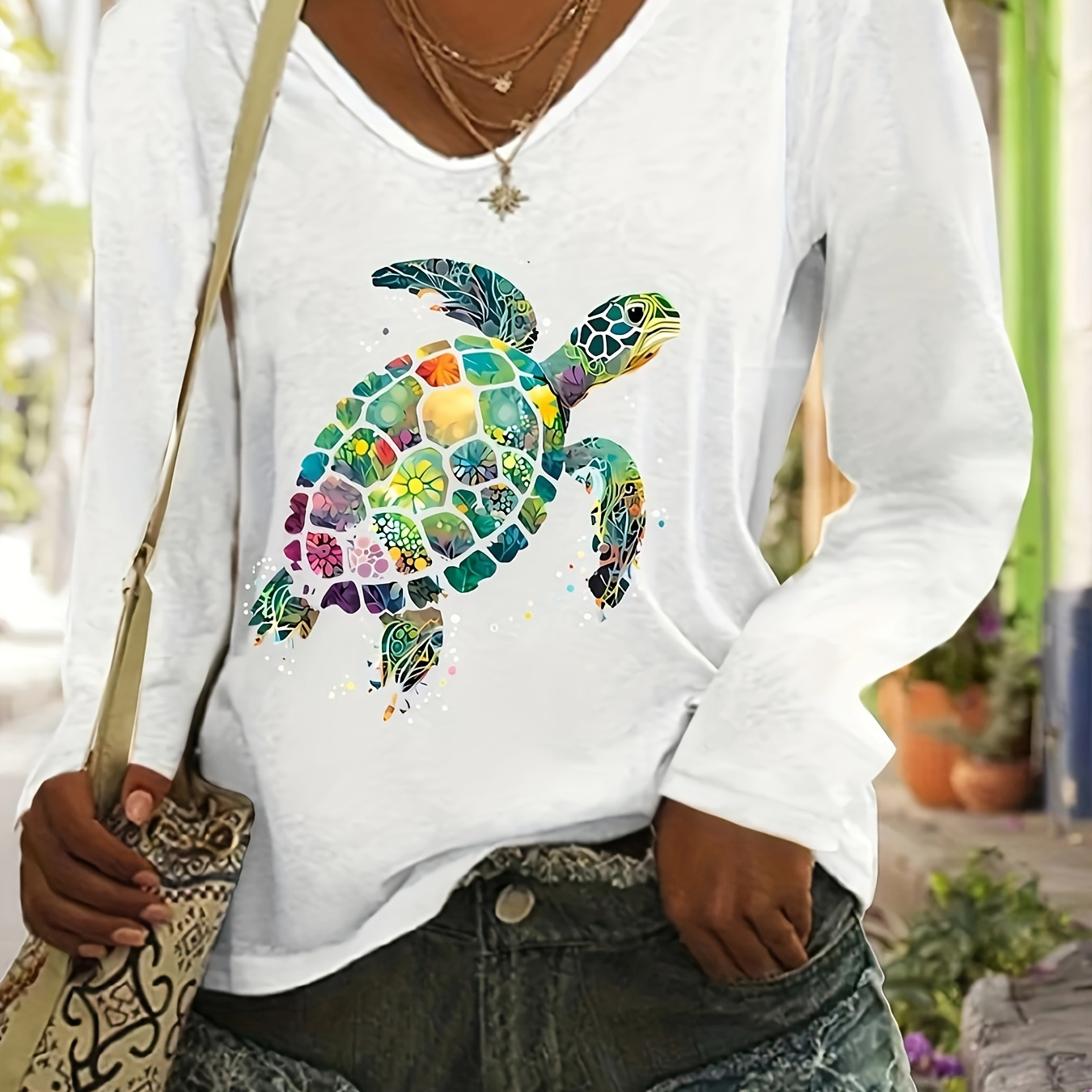 

Turtle Print T-shirt, Long Sleeve V Neck Casual Top For Spring & Fall, Women's Clothing