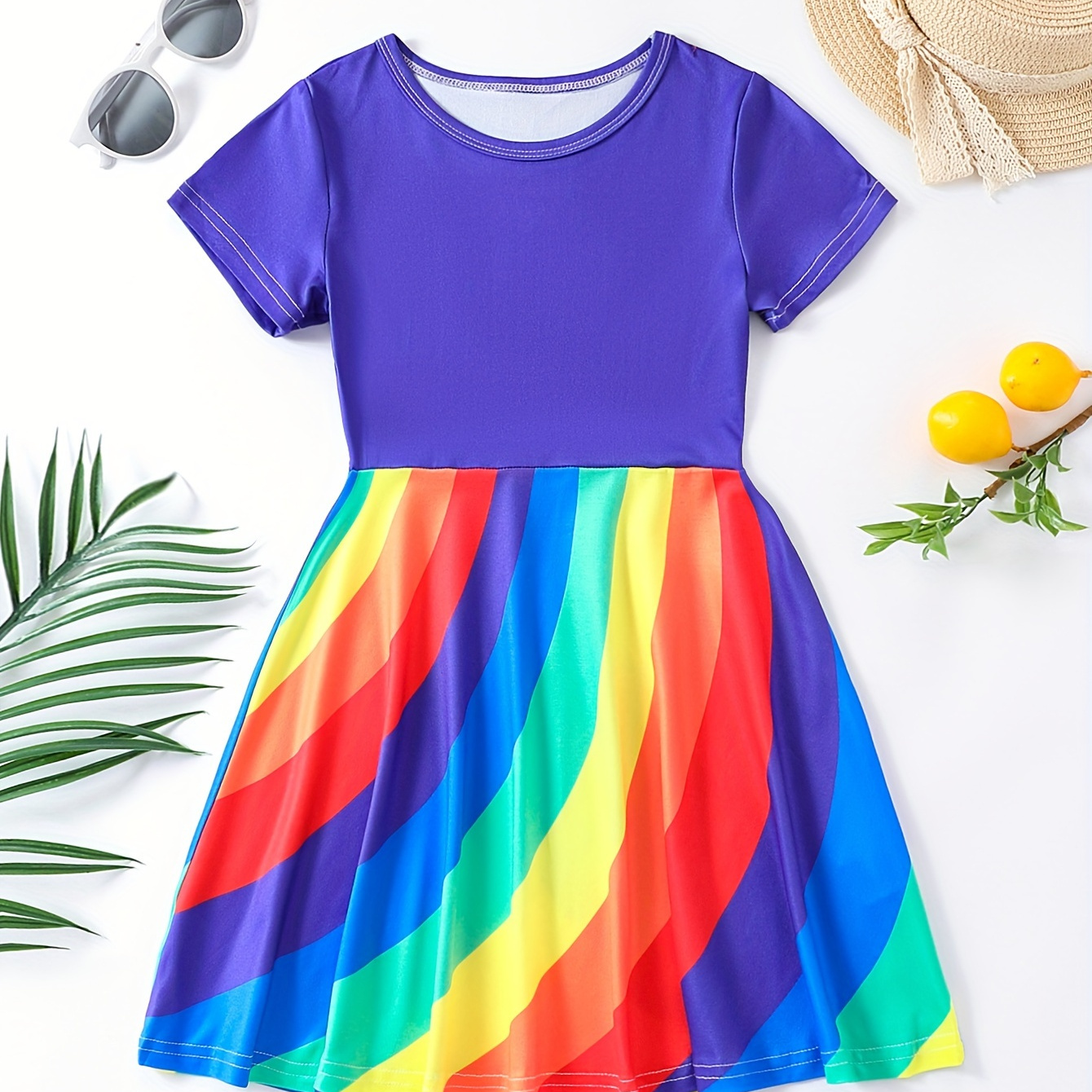 

Girls Color Block Rainbow Print A-line Dress Loose Short Sleeve Skater Dress For Spring Summer