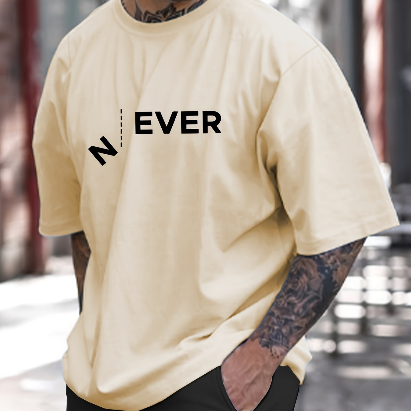 

Men's Never Letter Print Short Sleeve T-shirts, Comfy Casual Elastic Crew Neck Tops For Men's Outdoor Activities