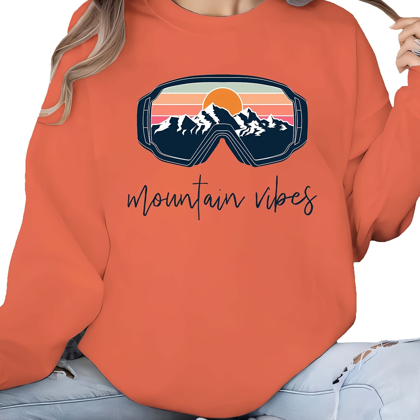 

Cozy Ski Letter Print Sweatshirt - Women's Crew Neck Casual Pullover For Fall & Winter, Machine Washable Polyester, Clothing