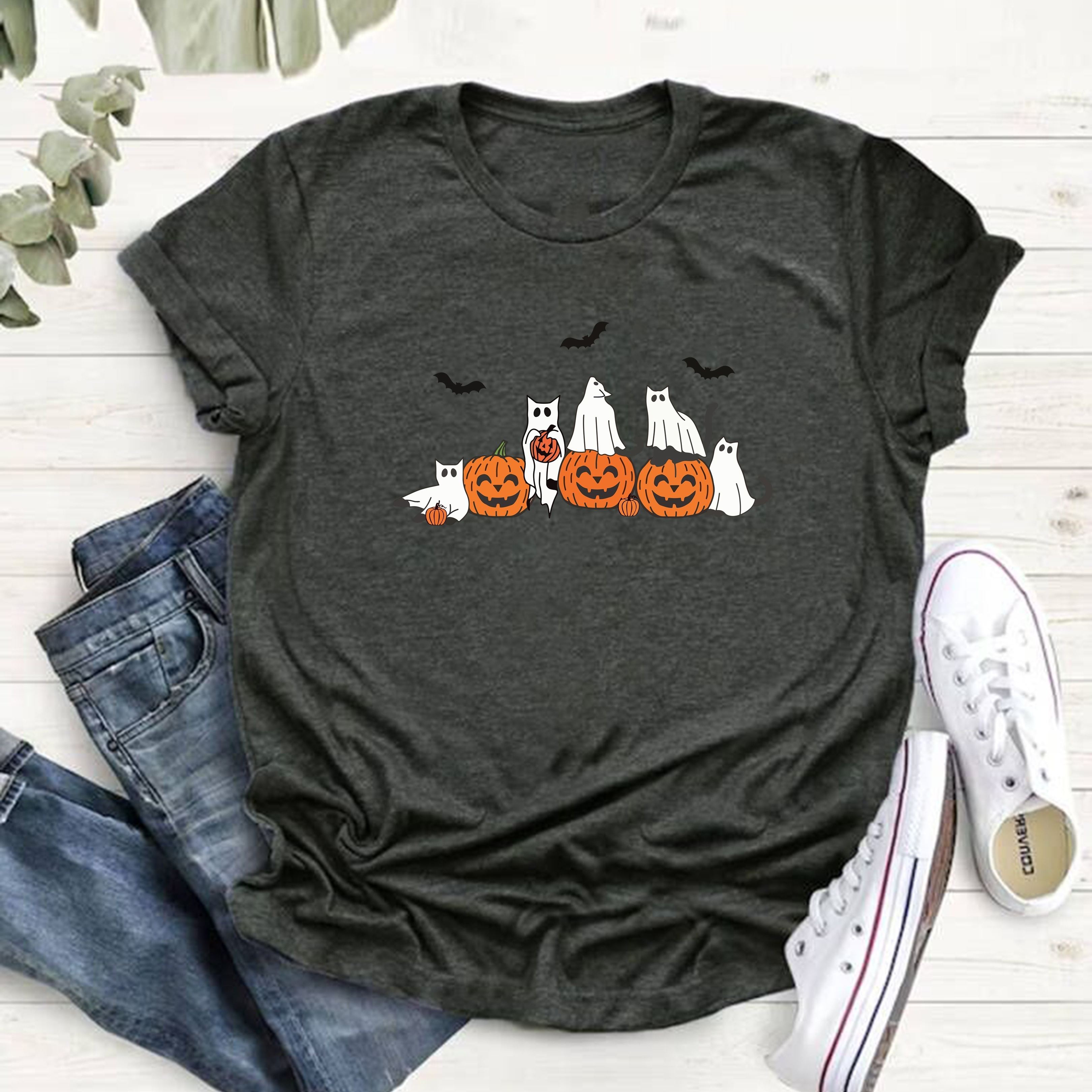 T-shirt Oversize Halloween Femme Manches 3/4 Imprimé Sorcière - Pull Décontracté Ample Confortable