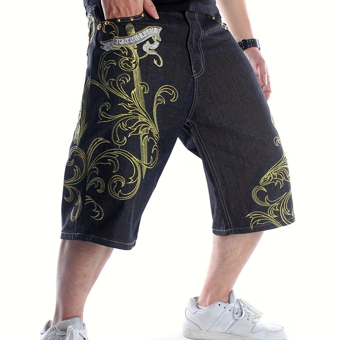 

Men's Summer European And American Trendy Loose Plus Size Denim Shorts Youth Street Dance Hip Hop Embroidered Crop Pants