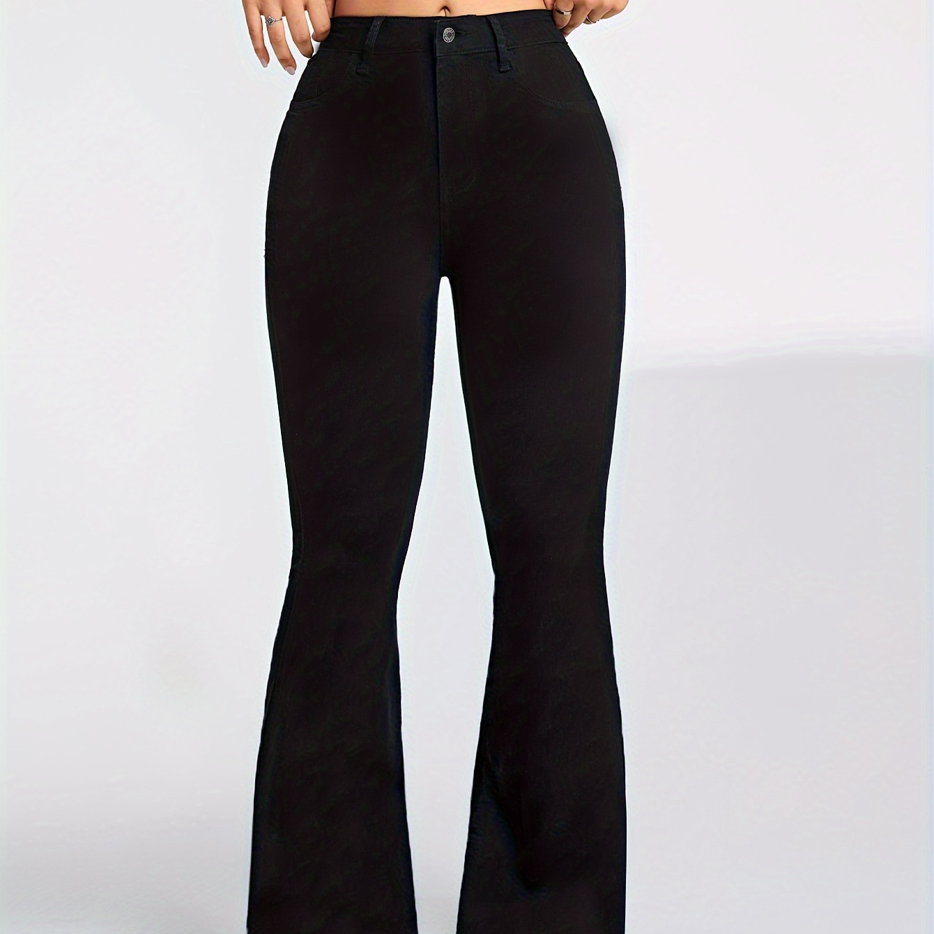 

Elegant Style, High-waisted, Stretch, Slim-fit, Ladies' Flared Bell Bottom Jeans, Versatile Plain Black Color Denim Pants, For Fall
