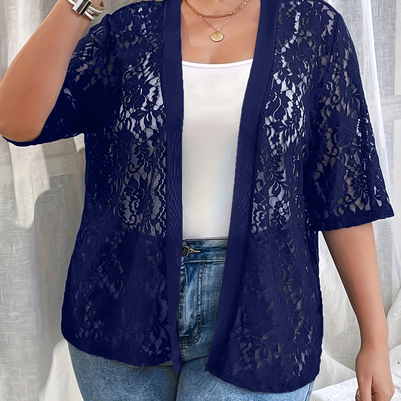 

Plus Size Floral Lace Top, Casual Short Sleeve Open Front Top, Women's Plus Size clothing