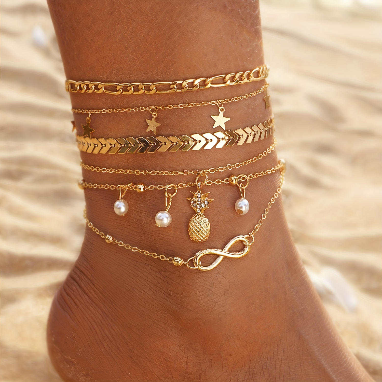 

Vintage Exquisite Stackable Anklet Set Inlaid Rhinestones Multilayer Boho Style Ankle Bracelet