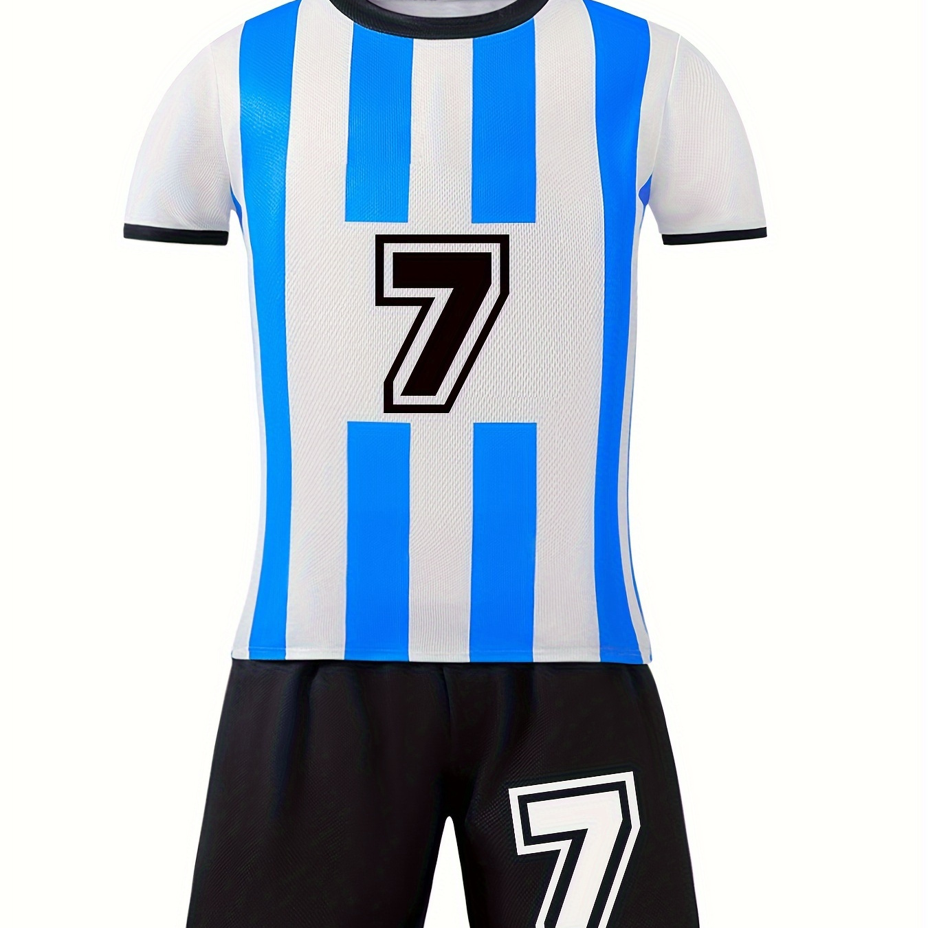 

2pcs Boy's Summer Soccer Jersey Co-ord Set - #7 Print Striped Short Sleeve T-shirt + Shorts Trendy Sports Set As Gift