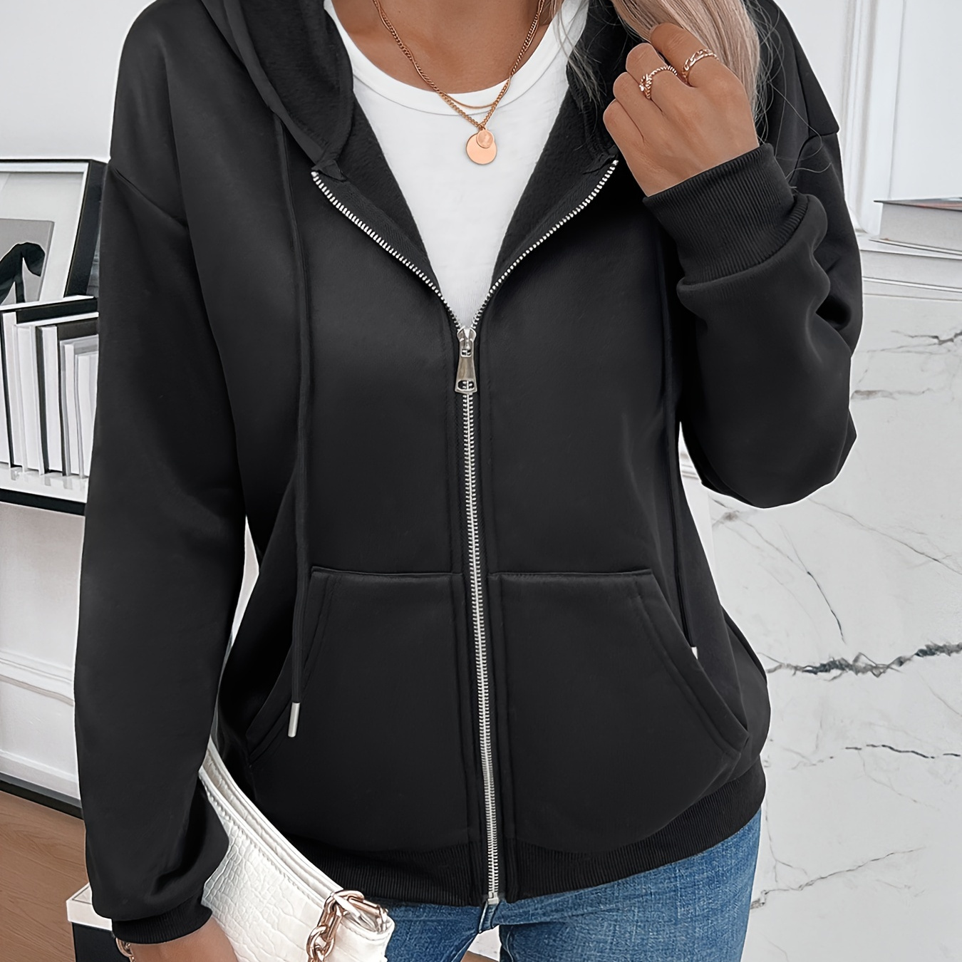 

Solid Color Full Zipper Jacket, Casual Long Sleeve Hooded Jacket For Spring & Fall, Women's Clothing