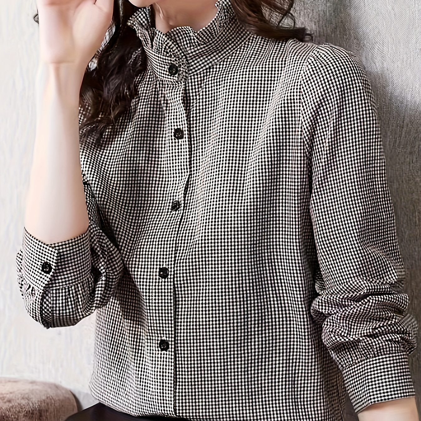 

Gingham Print Button Front Shirt, Chic Ruffle Trim Mock Neck Long Sleeve Blouse For Spring & Fall, Women's Clothing