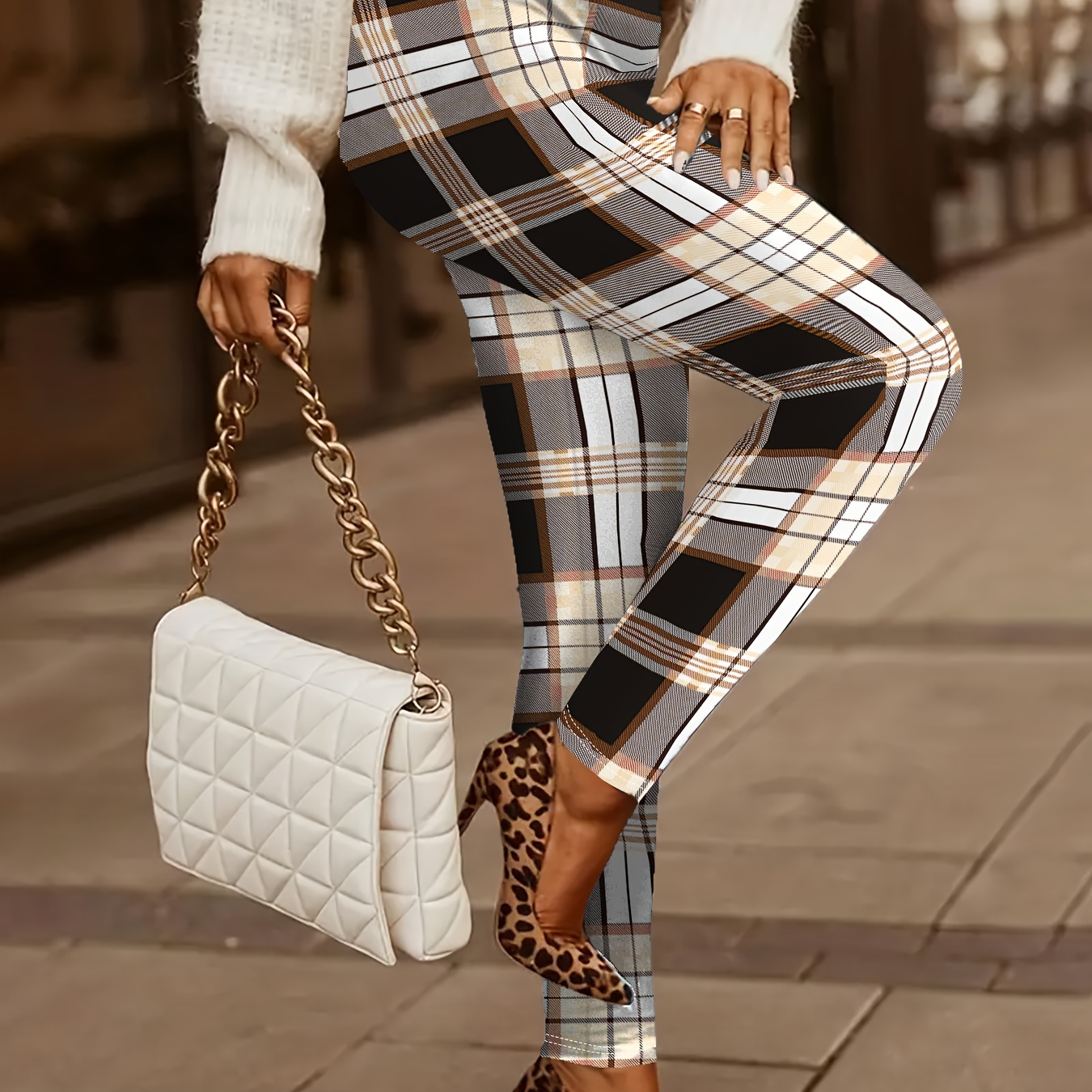 

Women's Plaid Print Polyester Leggings With Elastane - Casual Knit Style For Adults