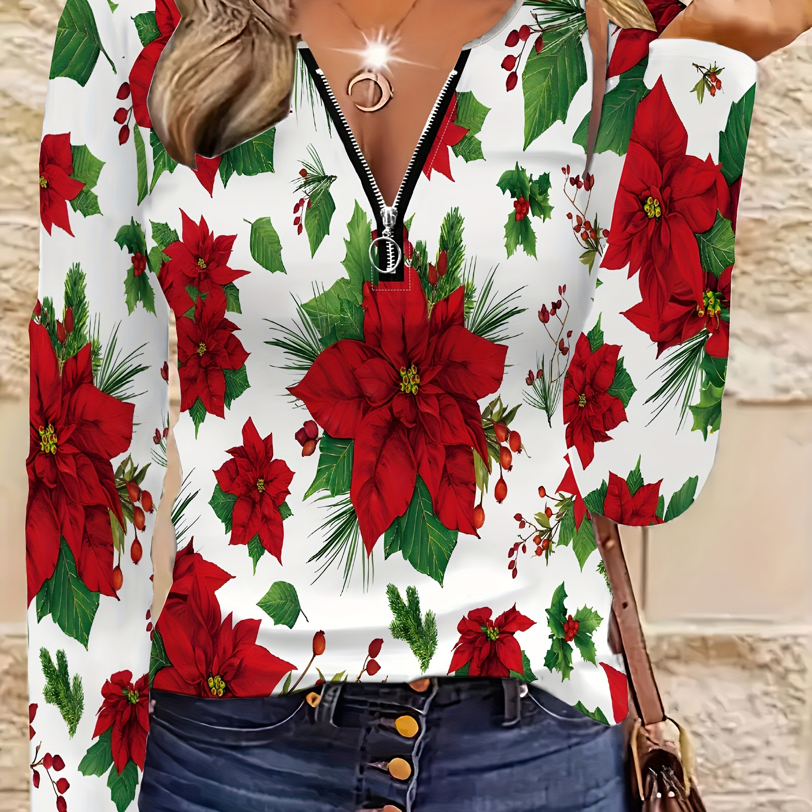 

Women's Long Sleeve T-shirt, Full-print 3d Red Poinsettia & Greenery Pattern, Fashionable Elegant Style For Casual & , Polyester Knit Fabric, V-neck, Regular Length, Autumn/winter Season