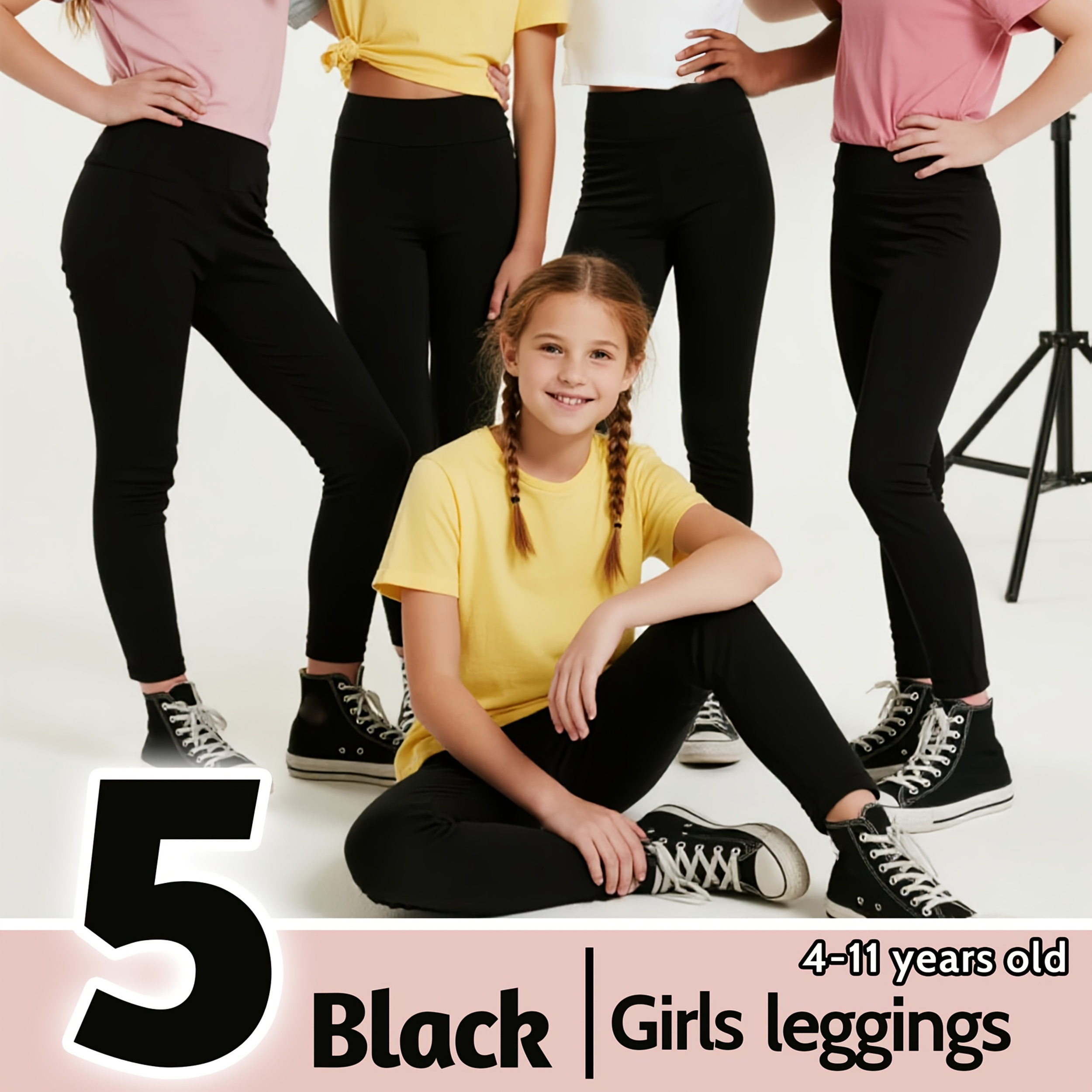 5pcs Girls' Black Leggings - Stretchy, Mid-Calf, Solid Color, Perfect for School & Casual Wear, All-Season Comfort, Everyday Youngsters'S Leggings | Stylish Youngsters'S Leggings | Comfortable Youngsters'S Wear