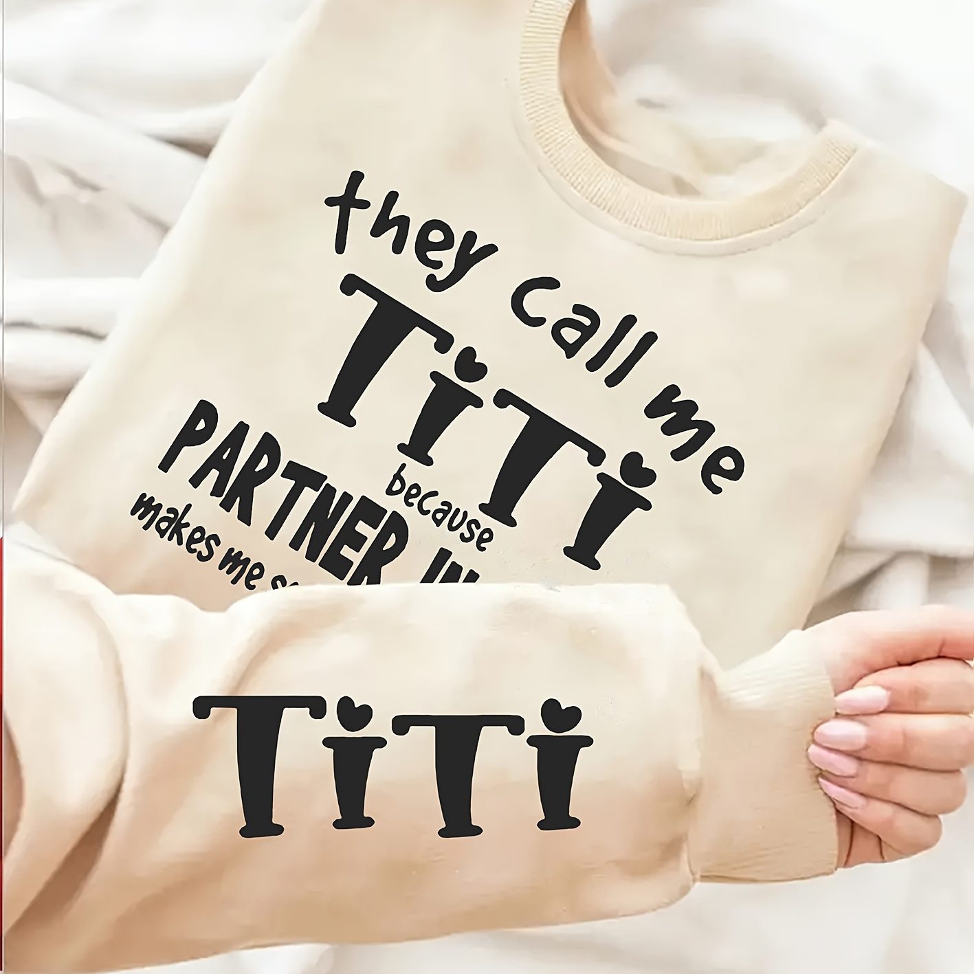 

Plus Size Titi Print Pullover Sweatshirt, Casual Long Sleeve Crew Neck Sweatshirt For Fall & Spring, Women's Plus Size Clothing