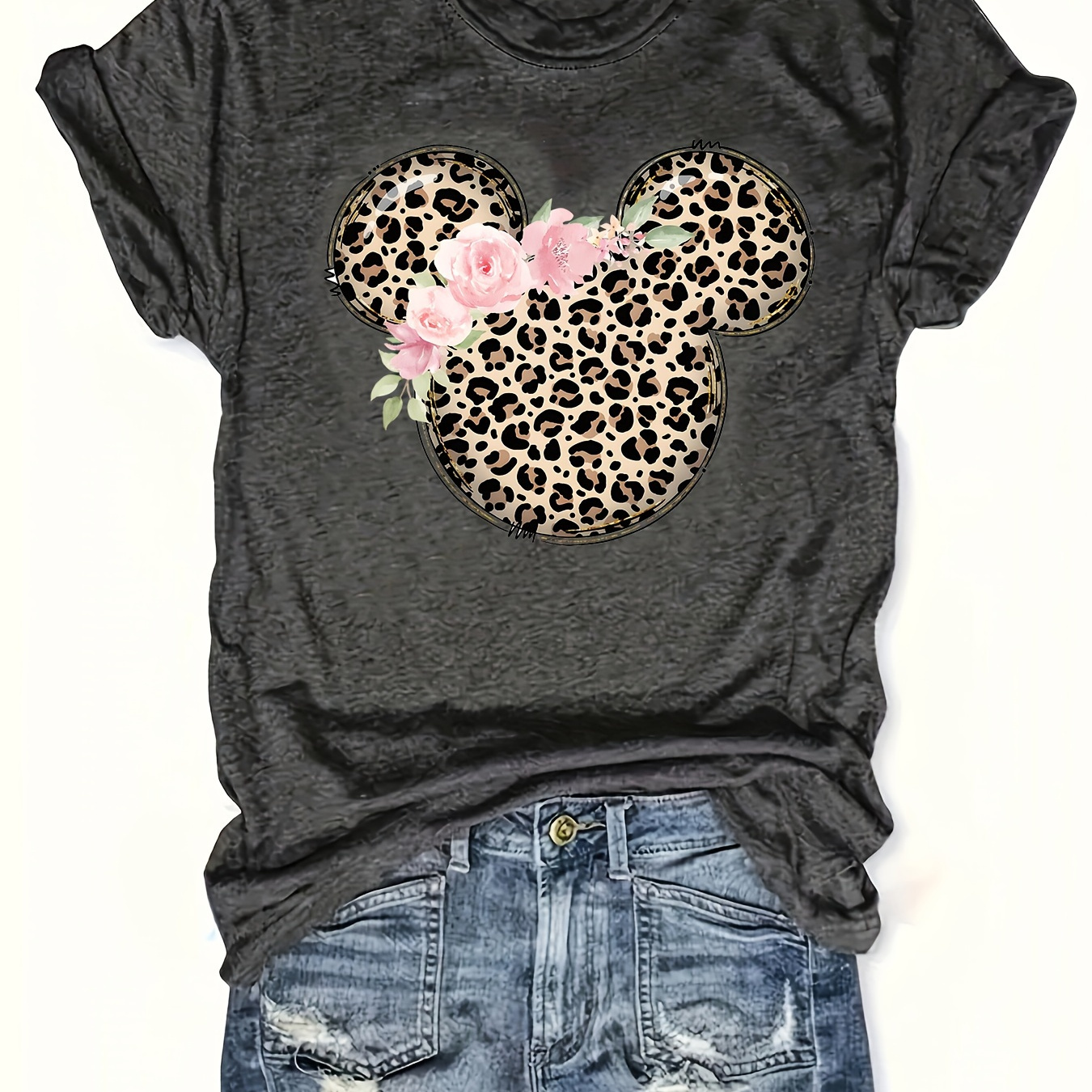 

Women's Casual Crew Neck T-shirt, Knit Polyester (65% Polyester, 30% Rayon, 5% Spandex), Regular Length, With Leopard Print And Floral Accents, For Top