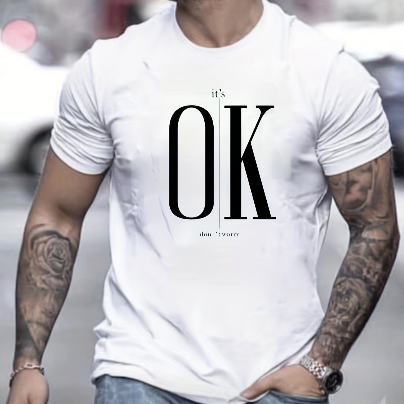 

It's Ok Print Men's Casual Short Sleeve T-shirt For Summer, New Simple Crew Neck Letter Graphic Tee Loungewear Pajamas Top Daily Tops