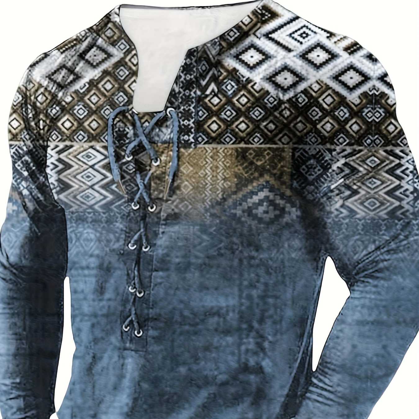 

Retro Ethnic Style Print Men's Casual Long Sleeve Henley Shirt With Drawstring, Spring Fall