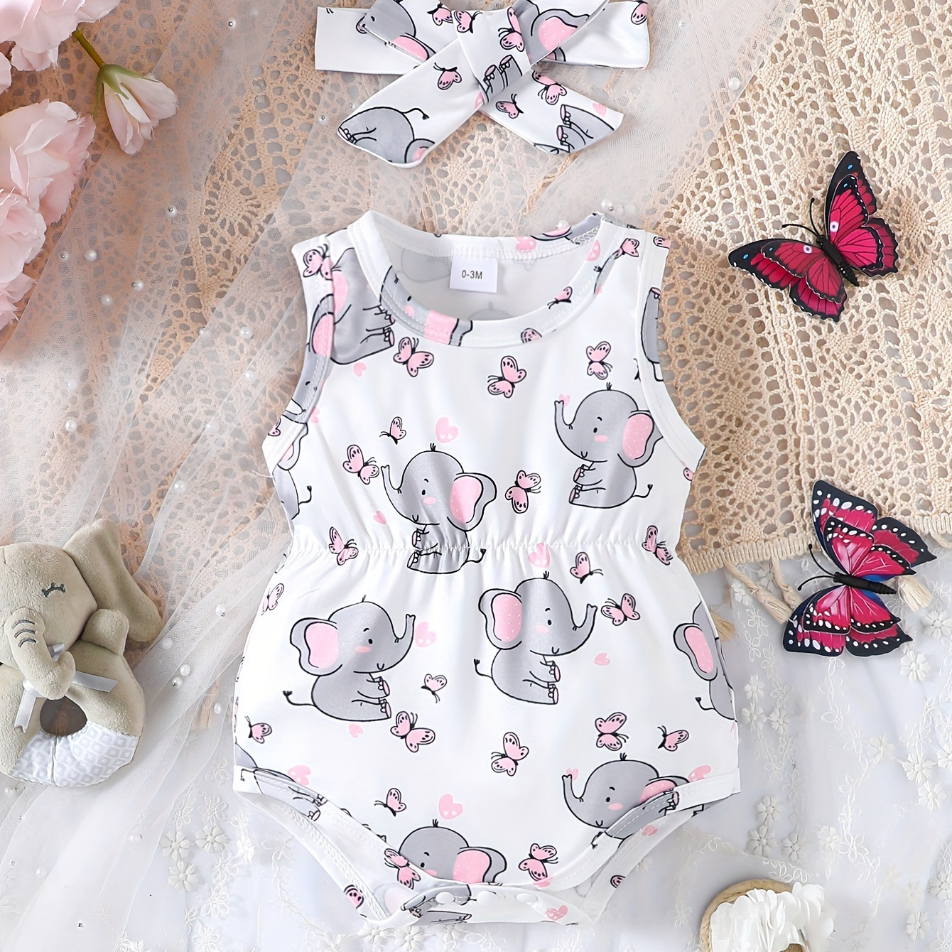 

Baby's Cartoon Lovely Elephant Full Print Bodysuit & Headband, Casual Sleeveless Triangle Romper, Toddler & Infant Girl's Clothing