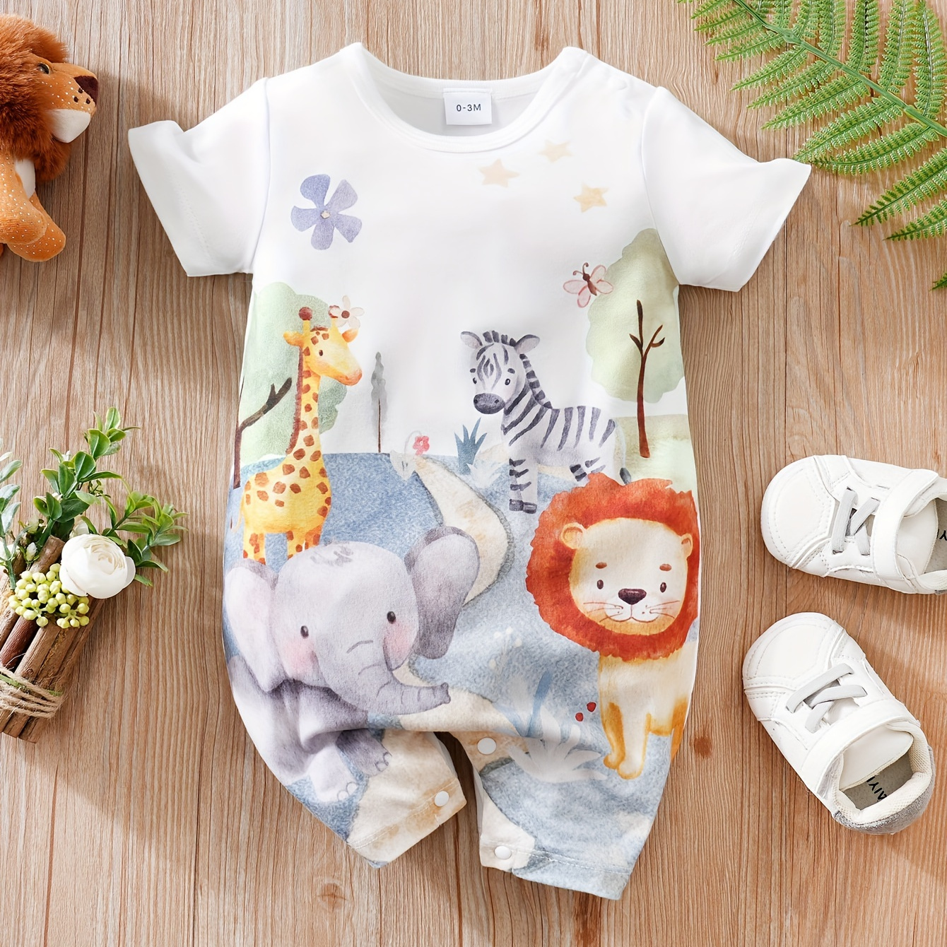 

Baby Boys Summer Romper, Cute Cartoon Animal Print, Casual Short Sleeve Onesie, Breathable Fabric, Snap Closure, Baby Clothing